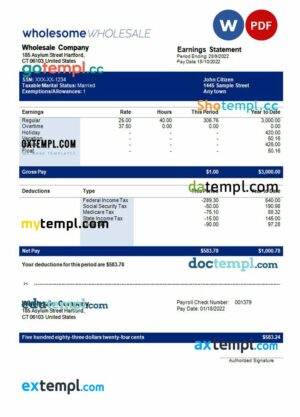 wholesale company payroll example in Word and PDF formats