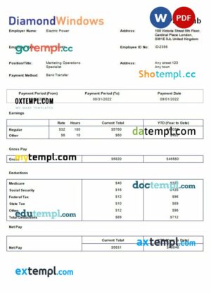 windows and door construction company payroll example in Word and PDF formats