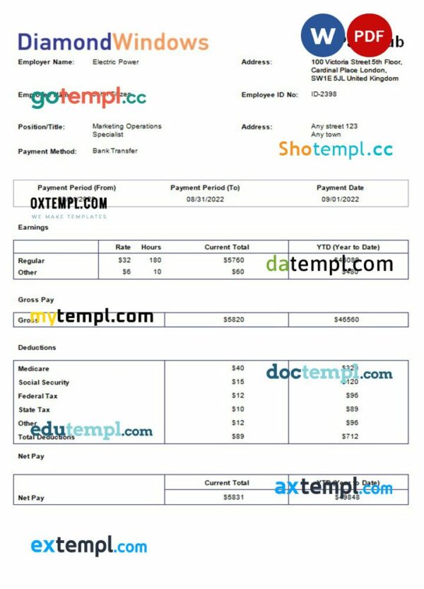 windows and door construction company payroll example in Word and PDF formats