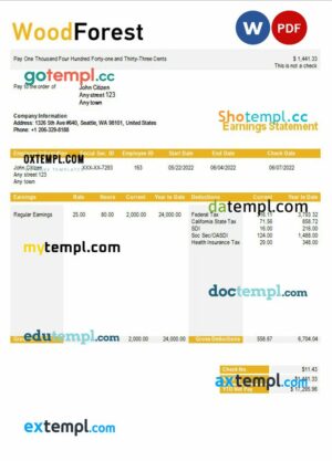wood corporation payslip example in Word and PDF formats