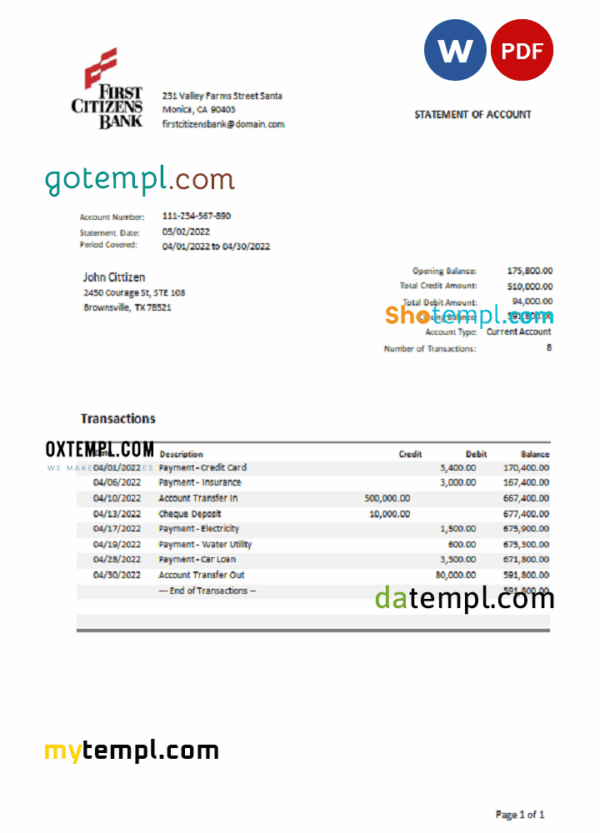 USA Texas First Citizens bank statement Word and PDF template