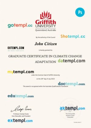 Australia Griffith university diploma template in PSD format