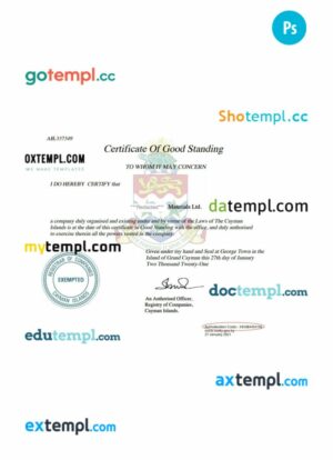 British Cayman Islands certificate of good standing PSD template