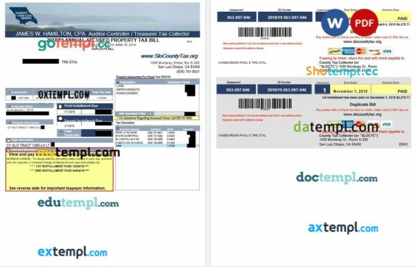 California SloCountyTax annual secured property tax bill editable template in Word and PDF formats