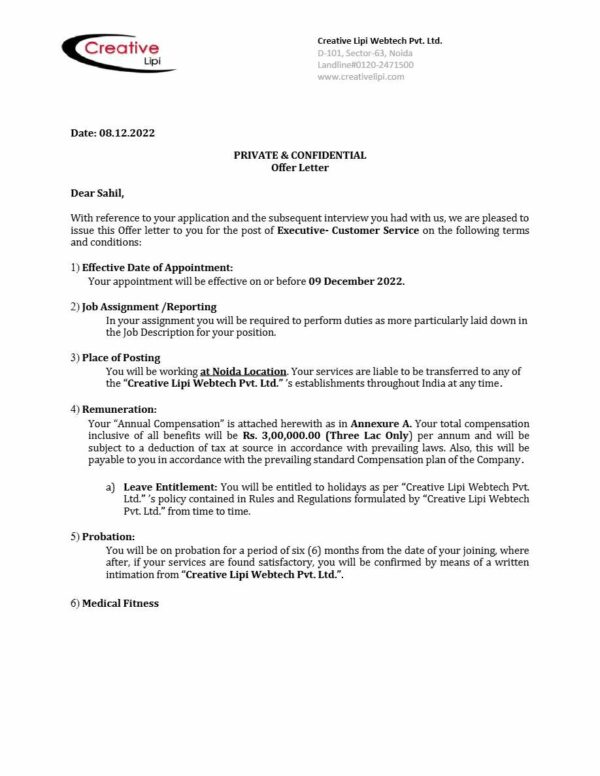 Creative Lipi Webtech Pvt. Ltd. Executive Customer Service offer letter in Word and Pdf formats