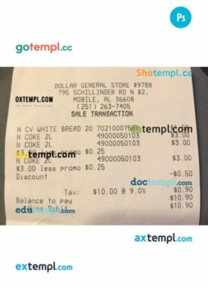 Dollar general store paymet check PSD template