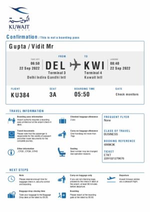 Kuwait Airways boarding pass in Word and PDF formats