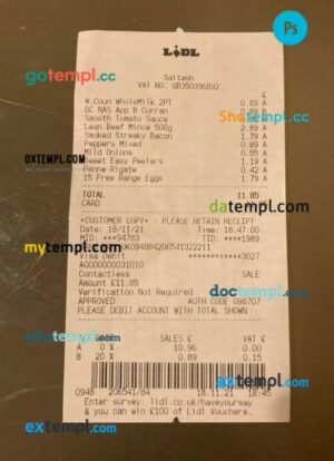 Lidl supermarket payment receipt PSD template