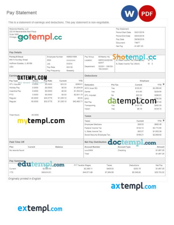 Motorola Mobility LLC pay statement template in Word and PDF formats