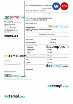 Russia water business utility bill template in Word and PDF formatս, fully editable