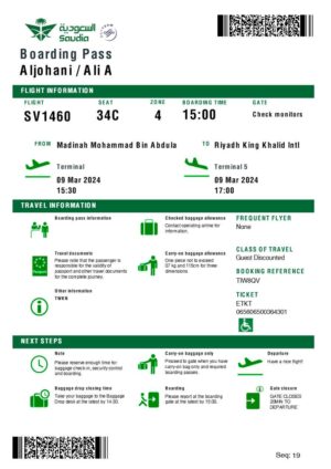 Saudia boarding pass in Word and PDF formats, version 2