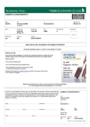 Singapore Airlines boarding pass in Word and PDF formats