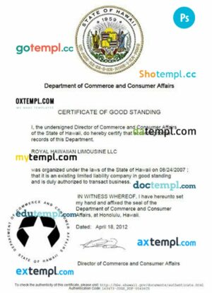 USA Hawaii certificate of good standing PSD template for a business