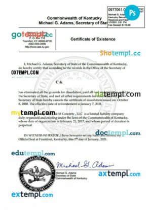 USA Kentucky certificate of good standing PSD template for a business