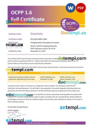 USA Virgina Open Charge Allience(OCPP) product full editable certificate in Word and PDF format