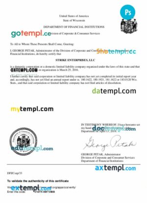 USA Wisconsin certificate of good standing PSD template for a corporation