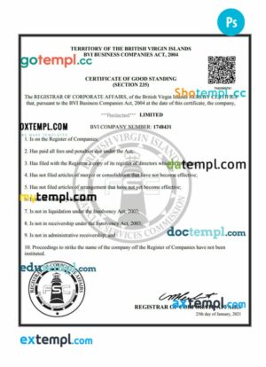 United Kingdom British Virgin Islands certificate of good standing PSD template