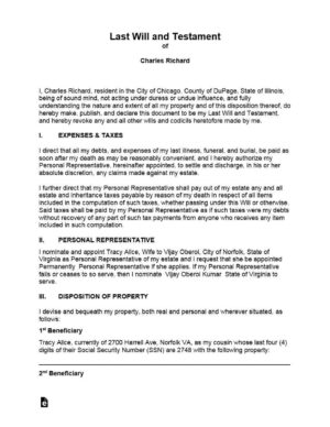 United States Illinois Last Will and Testament editable template in Word and PDF formats