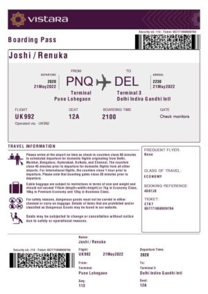 Vistara boarding pass in Word and PDF formats