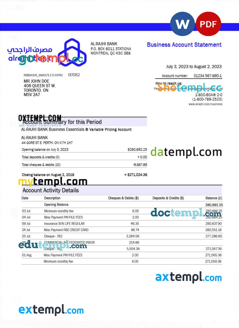 Al-Rajhi bank company account statement Word and PDF template