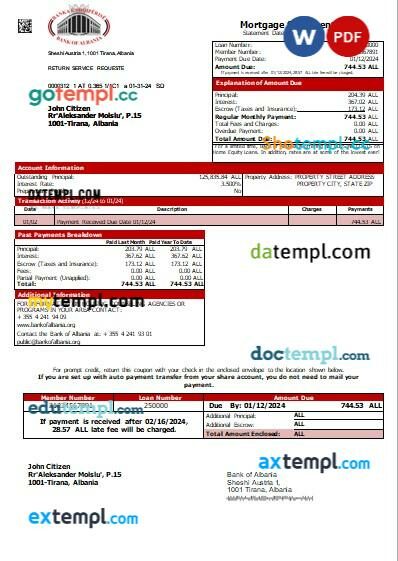 Andorra Andbank bank mortgage statement, editable template in PDF and Word