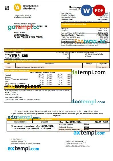 Andorra BancSabadell d’Andorra bank mortgage statement, editable template in PDF and Word