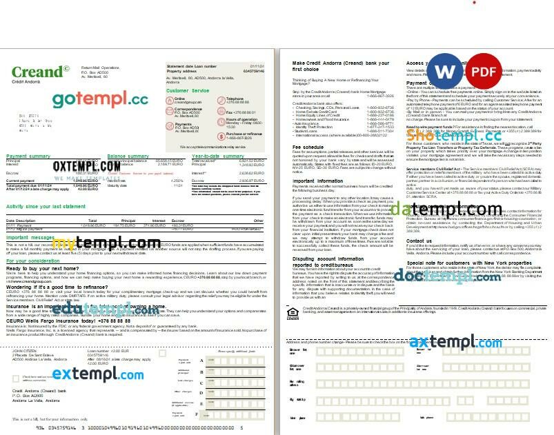Andorra Creand Credit Andorra bank mortgage statement, editable template in PDF and Word