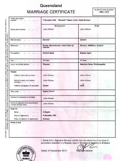 Australia Brisbane general registry marriage certificate template in PSD format