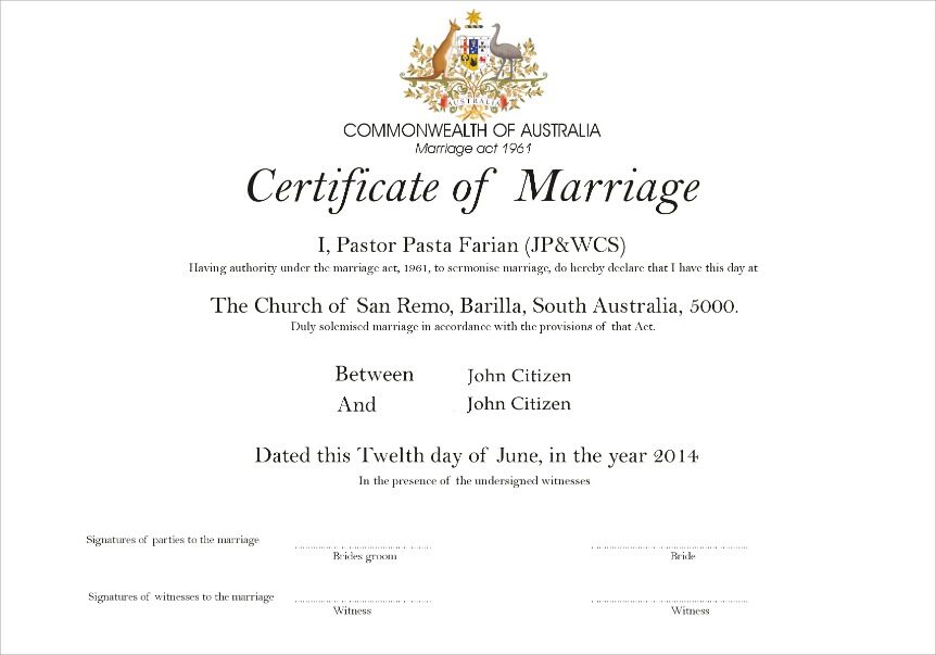 Australia Church of San Remo marriage certificate template in PSD format