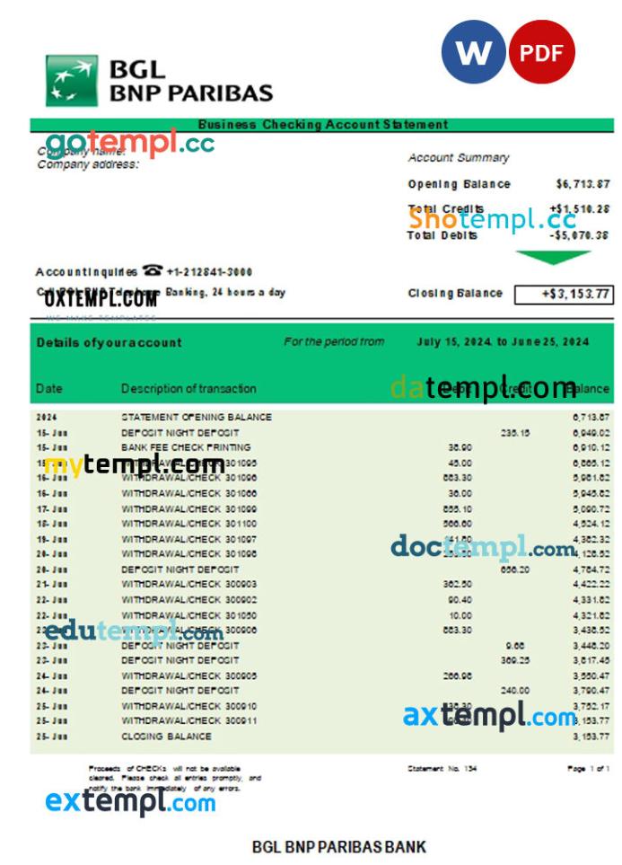 BGL BNP Paribas business checking account statement Word and PDF template