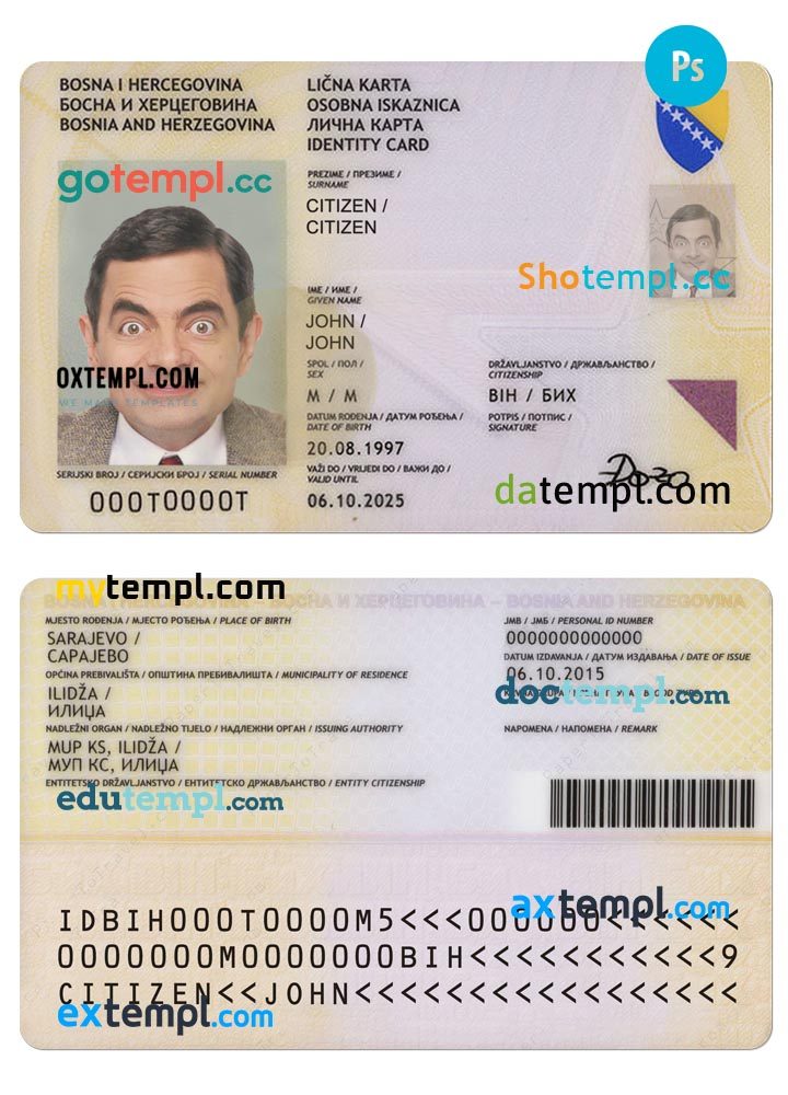 Bosnian id card download PSD example, 2015-2025