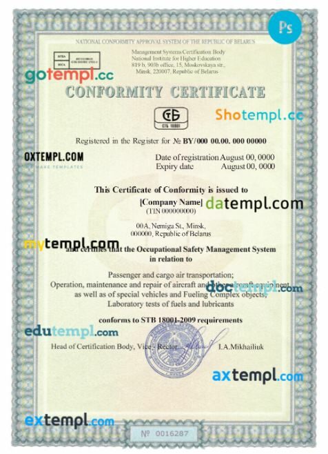 Belarus company registration certificate PSD template