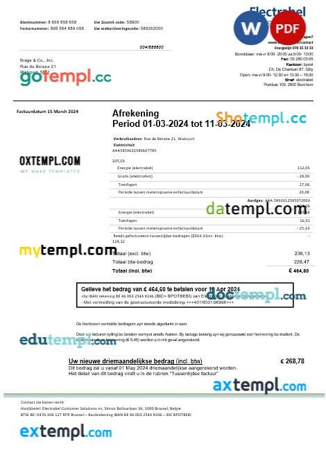 Belgium Electrabel electricity business utility bill template in Word and PDF format