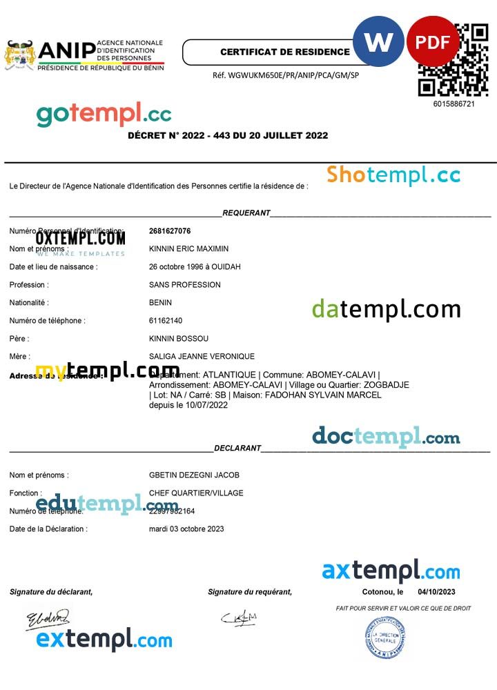 Benin ANIP Agence Nationale d’Identification des Personnes residence certificate Word and PDF template
