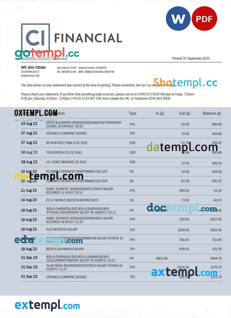 CI Financial Bank organization account statement Word and PDF template