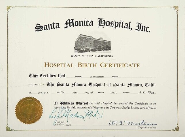 California Santa Monica hospital birth certificate template in PSD format