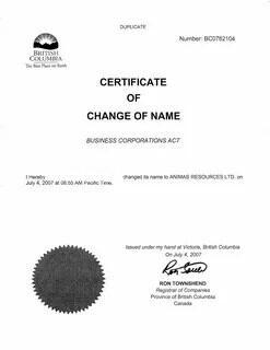 Canada British Columbia Register of companies name change certificate template in PSD format