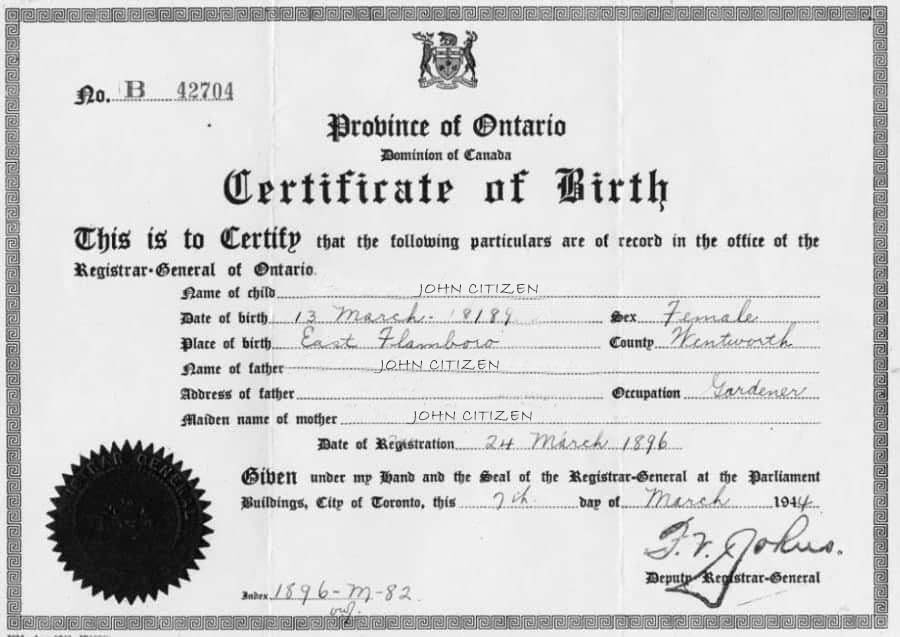 Canada Deputy Registrar General birth certificate template in PSD format