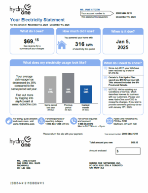 Canada Hydro One utility bill template in Word and PDF formats, version 2