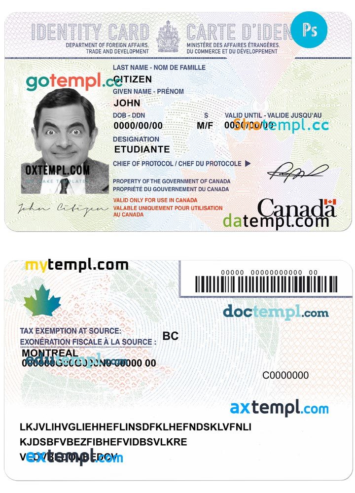 Canadian id card download example in PSD format, fully editable
