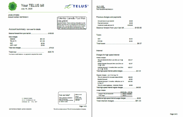 Canada Telus utility bill template in Word and PDF formats, 2 pages
