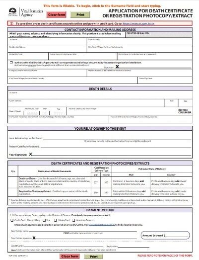 Canada Vital statistics agency of British Columbia death certificate template in PSD format