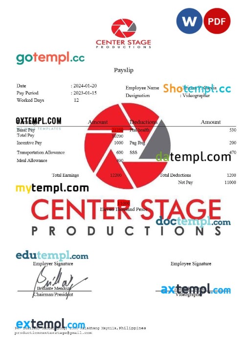 Center Stage Productions payslip template in Word and PDF formats