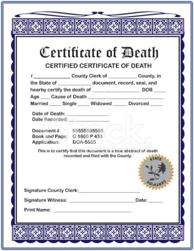 Certified certificate of death template in PSD format
