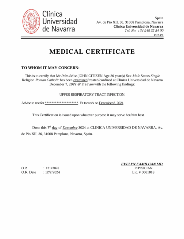 Clinica Universidad de Navarra medical certificate template in Word and PDF formats
