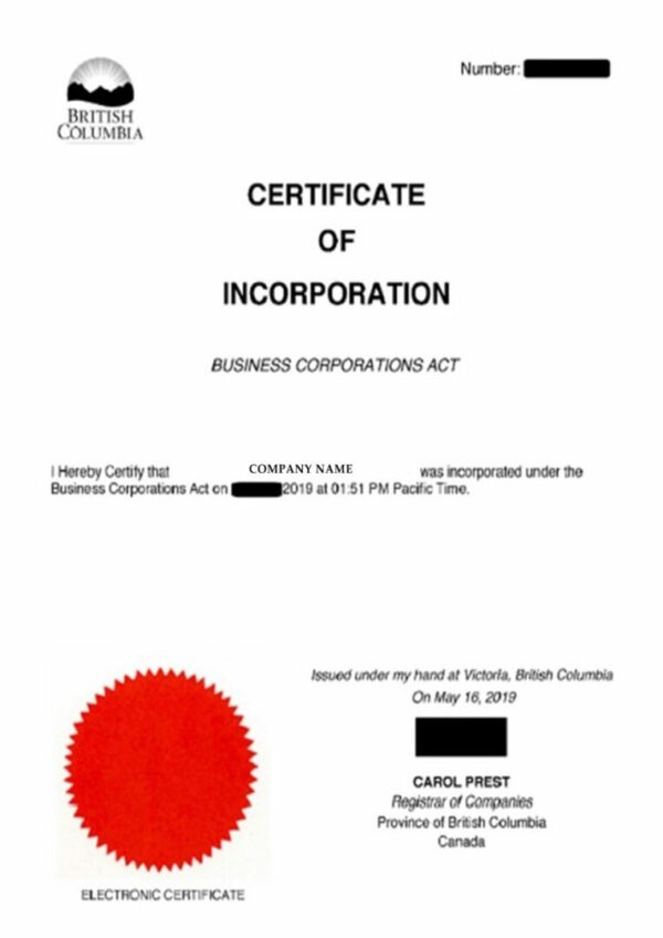 Columbia Certificate of Incorporation PSD template
