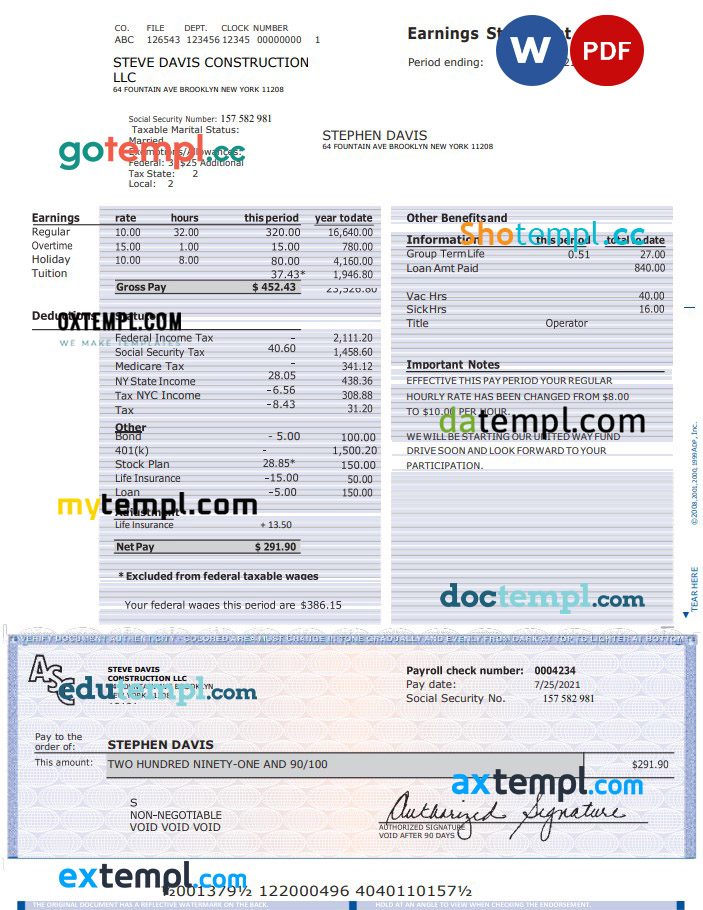 Construction LLC earnings statement Word and PDF example