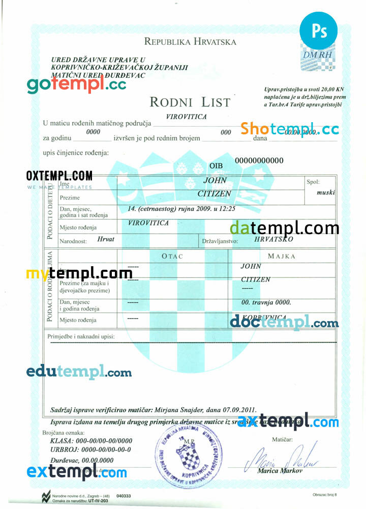 Croatia birth certificate editable PSD example