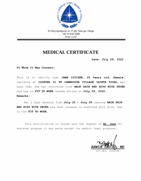 Daegu Catholic University Hospital medical certificate template in Word and PDF formats