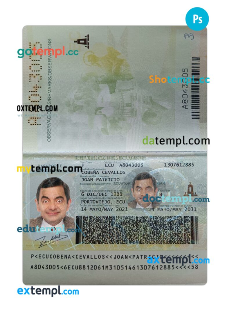 Ecuador passport PSD template, 2021-present